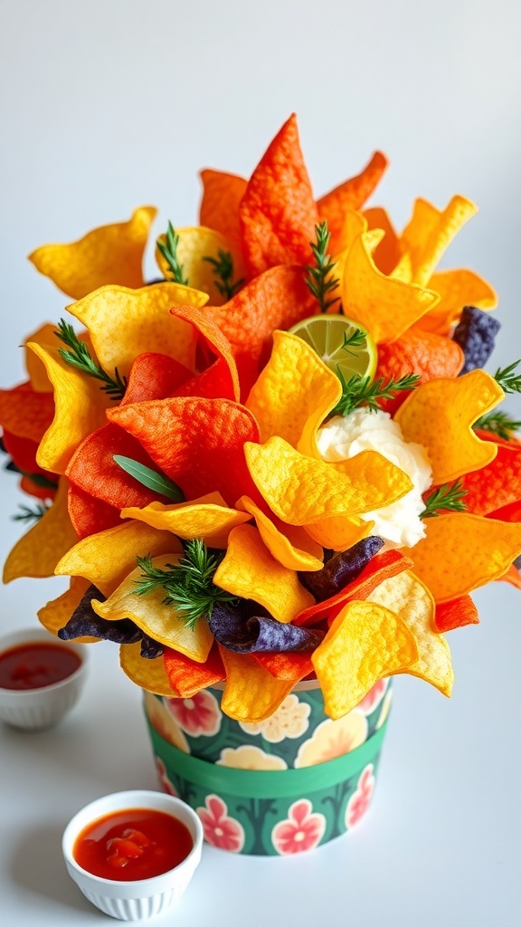 A colorful chips bouquet with various snacks and dips in a decorative container.